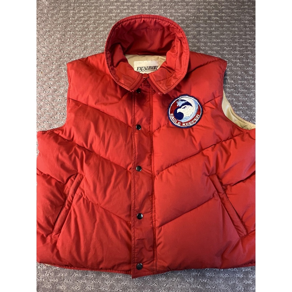 Excalibur Vest Mens Large Red Goose Down Puffer Quilted Snap Zip Eagle Keeper